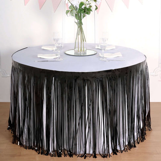 Metallic Foil Fringe Table Skirt Black with Self Adhesive Backing - Durable Tinsel Skirt for Parties 30