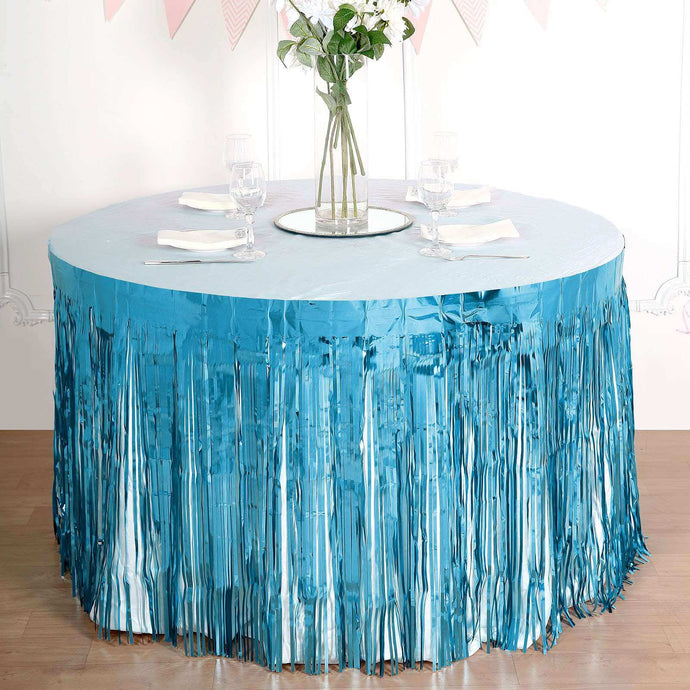 Metallic Foil Fringe Table Skirt Blue with Self Adhesive Backing - Durable Tinsel Skirt for Parties 30