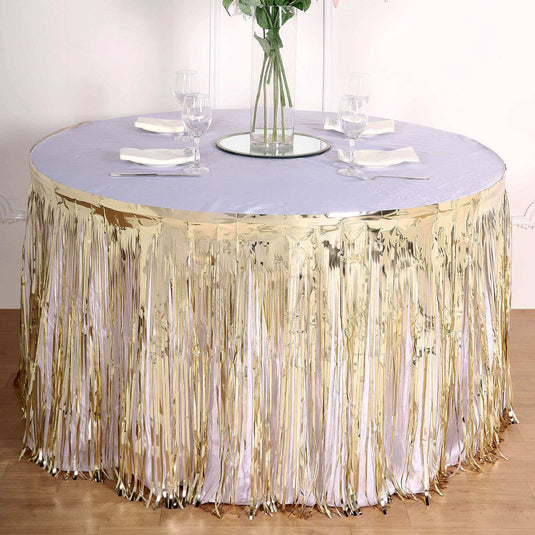 Metallic Foil Fringe Table Skirt Champagne with Self Adhesive Backing - Durable Tinsel Skirt for Parties 30"x9ft Table Skirts PROstorez Default Title