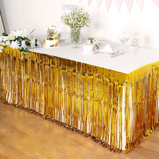 Metallic Foil Fringe Table Skirt Gold with Self Adhesive Backing - Durable Tinsel Skirt for Parties 30