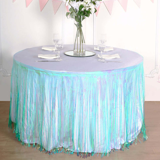 Metallic Foil Fringe Table Skirt Iridescent Blue with Self Adhesive Backing - Durable Tinsel Skirt for Parties 30