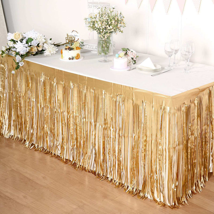 Metallic Foil Fringe Table Skirt Matte Gold with Self Adhesive Backing - Durable Tinsel Skirt for Parties 30