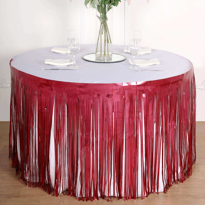 Metallic Foil Fringe Table Skirt Matte Red with Self Adhesive Backing - Durable Tinsel Skirt for Parties 30