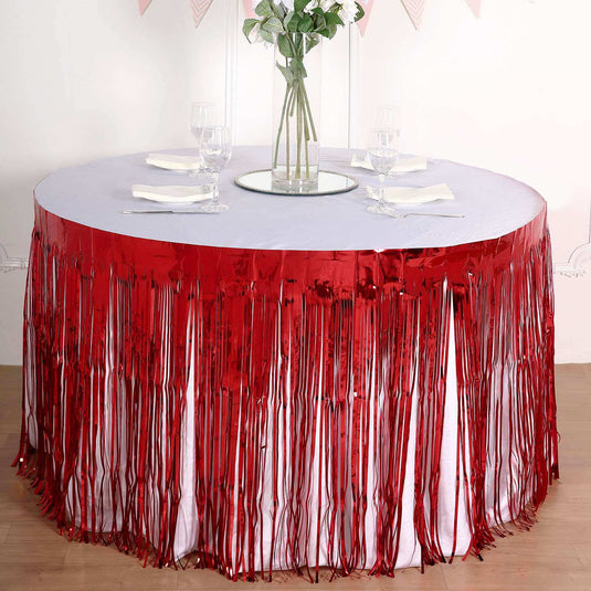 Metallic Foil Fringe Table Skirt Red with Self Adhesive Backing - Durable Tinsel Skirt for Parties 30