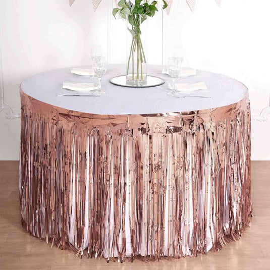 Metallic Foil Fringe Table Skirt Rose Gold with Self Adhesive Backing - Durable Tinsel Skirt for Parties 30