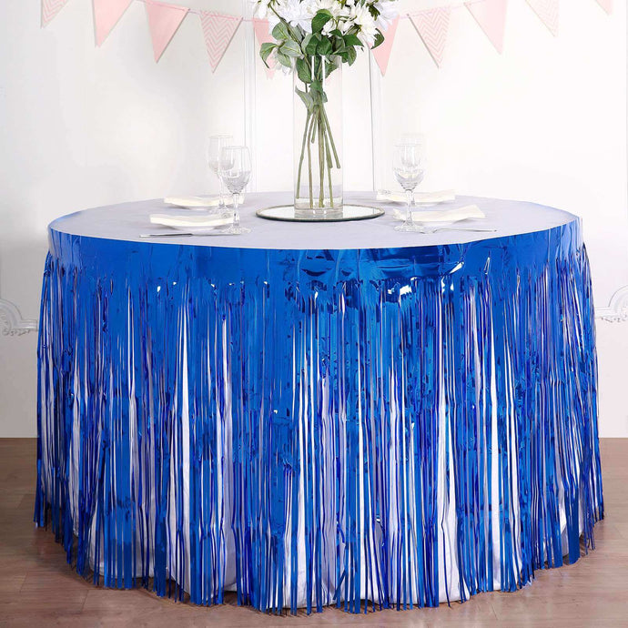 Metallic Foil Fringe Table Skirt Royal Blue with Self Adhesive Backing - Durable Tinsel Skirt for Parties 30