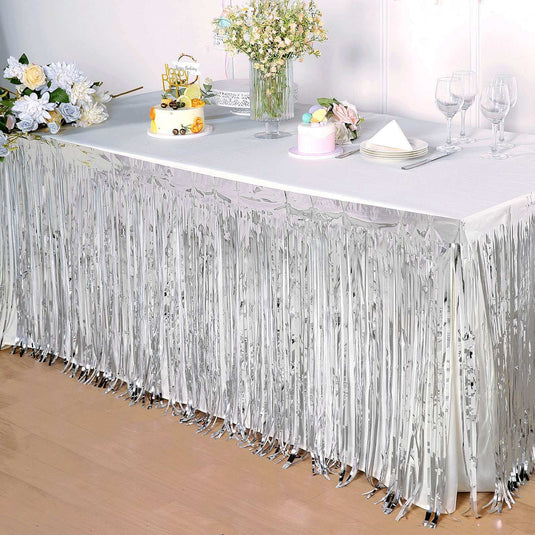 Metallic Foil Fringe Table Skirt Silver with Self Adhesive Backing - Durable Tinsel Skirt for Parties 30