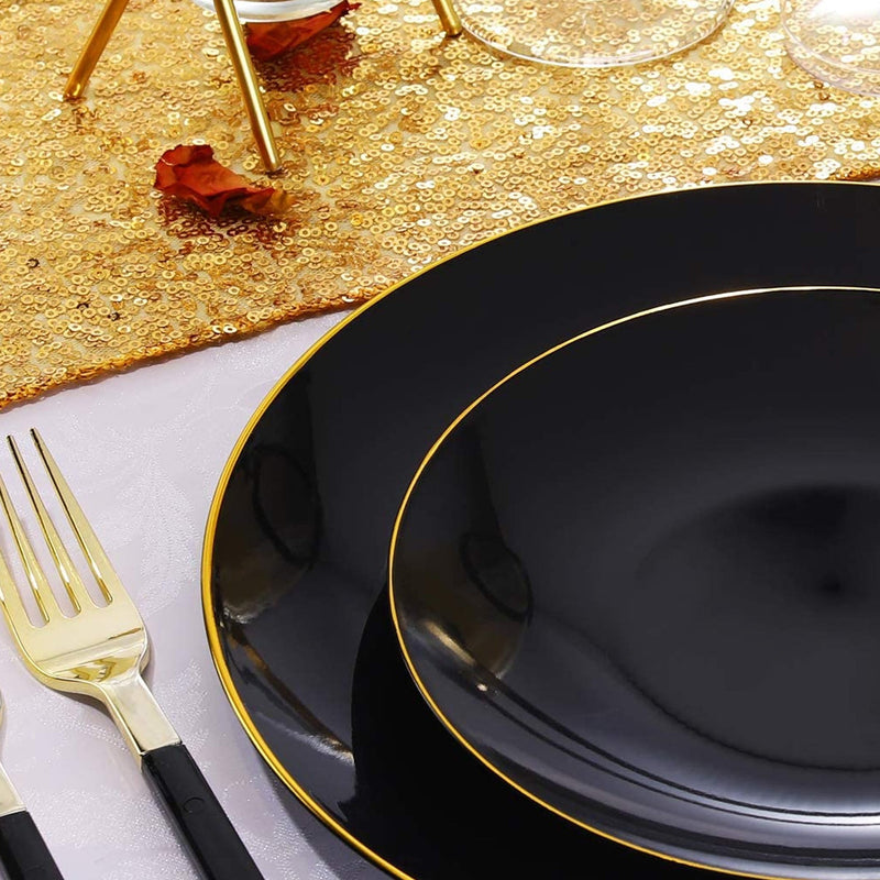 Load image into Gallery viewer, Organic Collection Black/Gold Rim Plastic Dinner Plates 10&quot; Tablesettings Blue Sky
