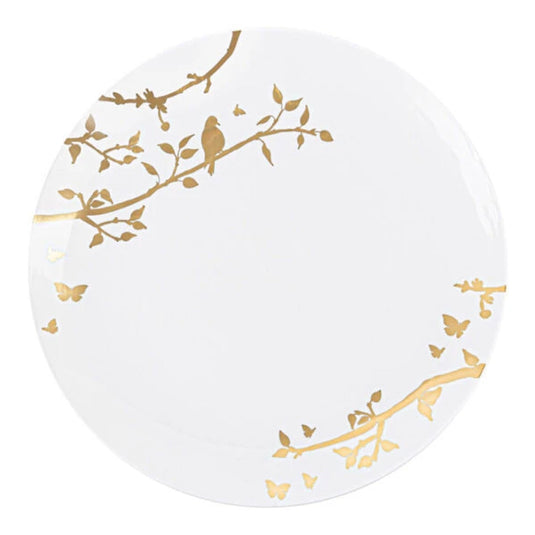 Spring Collection White and Gold Plastic Dinner Plates 10" Tablesettings Blue Sky