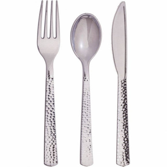 Lilian Tablesettings 96 Pcs Hammered Disposable Extra Heavyweight Silver Plastic Tableware Tablesetting Lillian