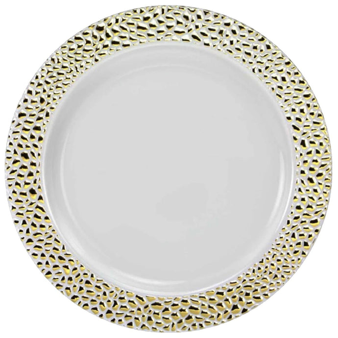 Pebbled Plastic Dinner Plate Gold Rim 10.25