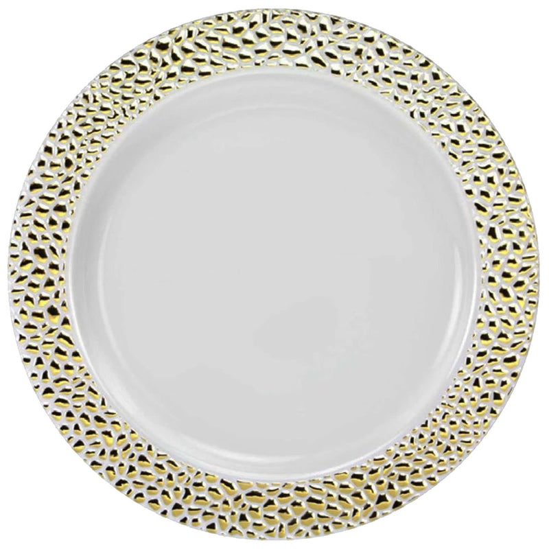 Load image into Gallery viewer, Pebbled Plastic Dinner Plate Gold Rim 10.25&quot; Elegant Plates Lillian
