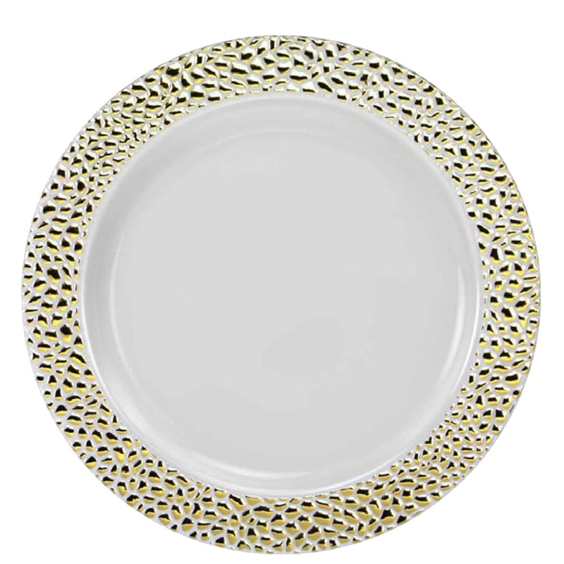 Load image into Gallery viewer, Pebbled Plastic Dinner Plate Gold Rim 9&quot; Elegant Plates Lillian
