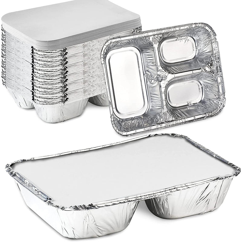 Load image into Gallery viewer, Disposable 3 Compartment Aluminum Dinner Foil Pan/Tray with Board Lids Disposable VeZee
