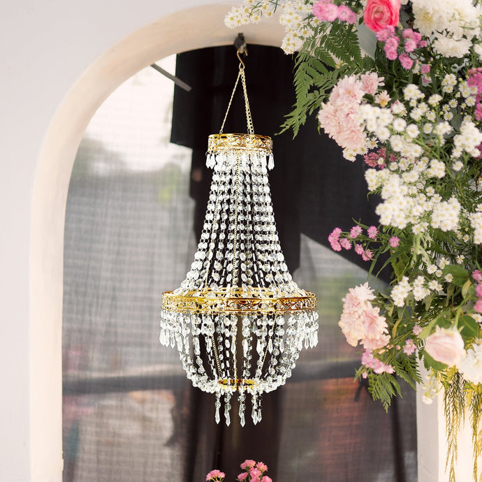 3ft Empire Style Beaded Crystal Chandelier with Gold Ornate Metal Frame, Adjustable Hanging Farmhouse Pendant Ceiling Lighting Centerpieces HIER_9900