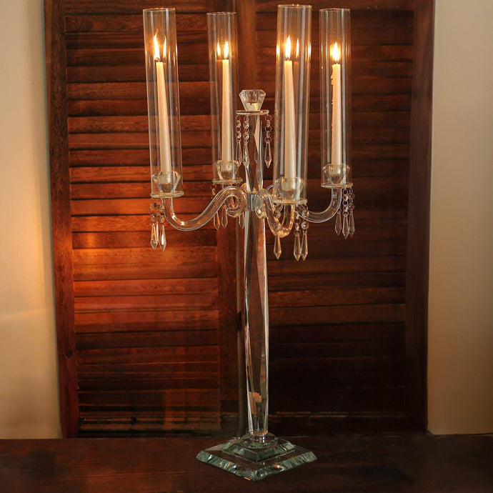 4 Arm Crystal Glass Taper Candle Holder Candelabra, Decorative Table Centerpiece With Chandelier Chains 36