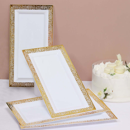 4-Pack Plastic 14" Rectangle Serving Trays White with Gold Lace Rim - Chic Decorative Table Tray Platters for Buffets Banquets Dinner Parties Serving Tray PROstorez Default Title