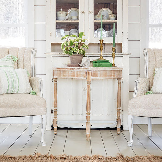 Whitewashed Wooden Half Moon Table with Metal Accents General ABH