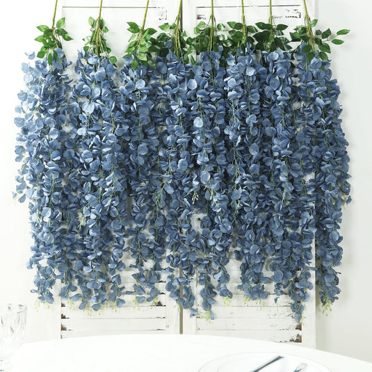 42" Silk Hanging Wisteria Flower Garland Vines in Dusty Blue, Elaborated 5 Full Strands in 1 Bush Flower Garlands HIER_6120