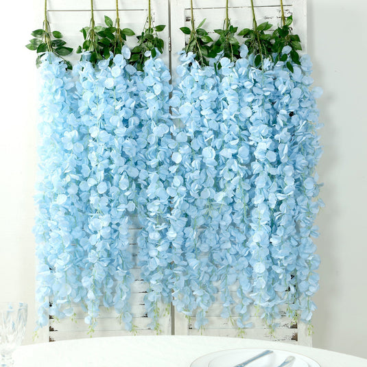 42" Silk Hanging Wisteria Flower Garland Vines in Light Blue, Elaborated 5 Full Strands in 1 Bush Flower Garlands HIER_6120