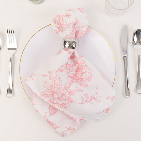 5 Pack 20"x20" Pink French Toile Polyester Cloth Napkins, White Floral Reusable Dinner Table Linens Napkins HIER_2430