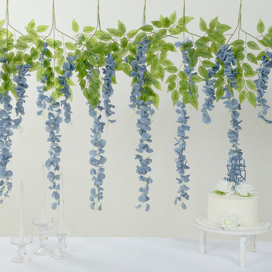 5 Pack 44" Silk Hanging Wisteria Flower Garland Vines in Dusty Blue, Elaborated 3 Full Strands in 1 Bush Flower Garlands HIER_6120