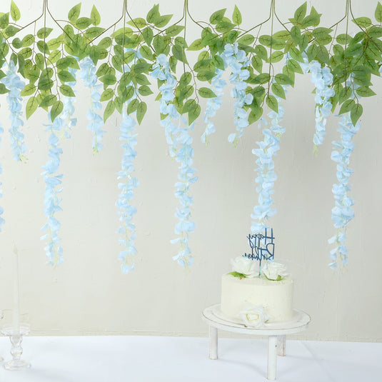 5 Pack 44" Silk Hanging Wisteria Flower Garland Vines in Light Blue, 3 Strands in 1 Bush Flower Garlands HIER_6120