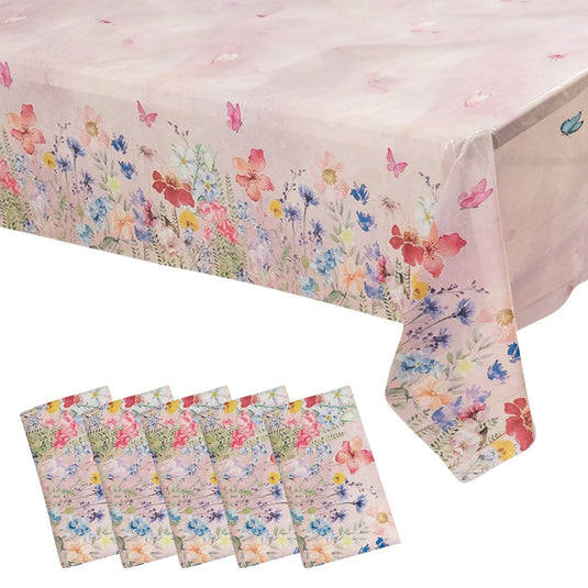 5-Pack Plastic Table Covers Blush Rectangle with Butterfly Floral Print - Decorative PVC Disposable Covers 54