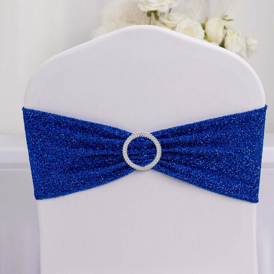 5 Pack Chair Sashes Shimmer Tinsel Spandex 5"x12" with Silver Rhinestone Buckles Royal Blue - Stylish Chair Bands Chair Sashes HIER_3332