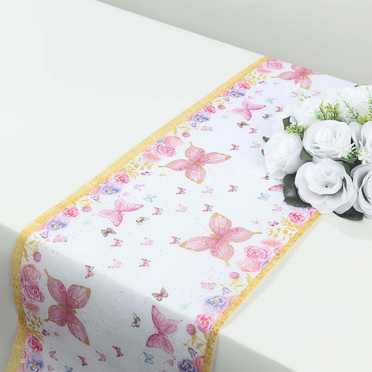 5 Pack Disposable Table Runners 11"x108" White with Pink Butterflies - Non-woven Stylish Spring Summer Dining Decor Runners HIER_4520