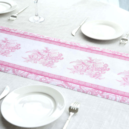 5 Pack Disposable Table Runners 11"x108" White with Pink Floral Pattern - Non-woven Stylish Kitchen Dining Table Decor Runners HIER_4520