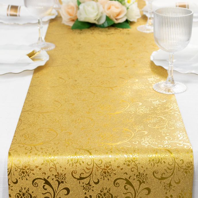 5 Pack Gold Glitter Paper Table Runners with Vintage Floral Vine Pattern - 10ft Disposable Wedding & Party Table Runners Runners HIER_4520