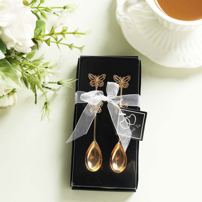 5 Pack Gold Metal Butterfly Handle Dessert Spoons in Clear Top Black Gift Box, Pre-Packed Mini Espresso Coffee Spoons Wedding Souvenir Gift with Thank You Tag and Ribbon - 4