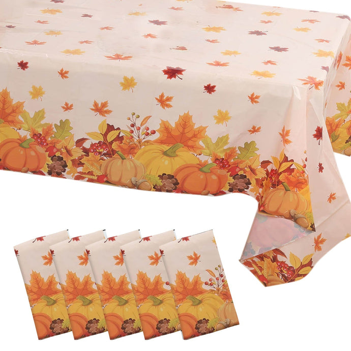 5-Pack Plastic Tablecloths Orange Thanksgiving Rectangle with Fall Leaves Pumpkin Print - Festive PVC Disposable Table Covers 54