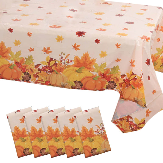 5-Pack Plastic Tablecloths Orange Thanksgiving Rectangle with Fall Leaves Pumpkin Print - Festive PVC Disposable Table Covers 54"x108" Tablecloths HIER_4520