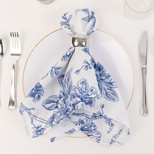 5 Pack Polyester 20"x20" Dinner Napkins White with Blue French Toile Pattern - Reusable Floral Cloth Napkins Napkins HIER_2430