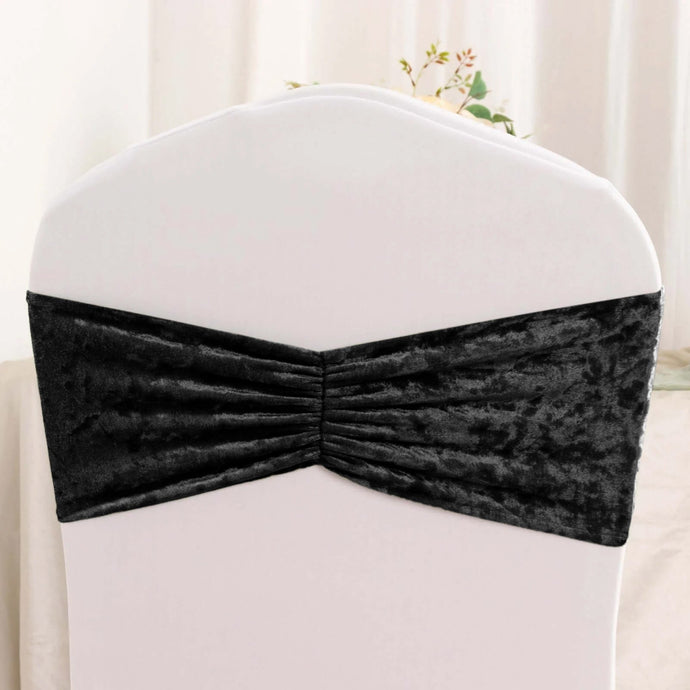 5 Pack Premium Crushed Velvet Chair Sashes Black Ruffle Style - Wrinkle-Free Textured Stretch Chair Bands Chair Sashes HIER_3334