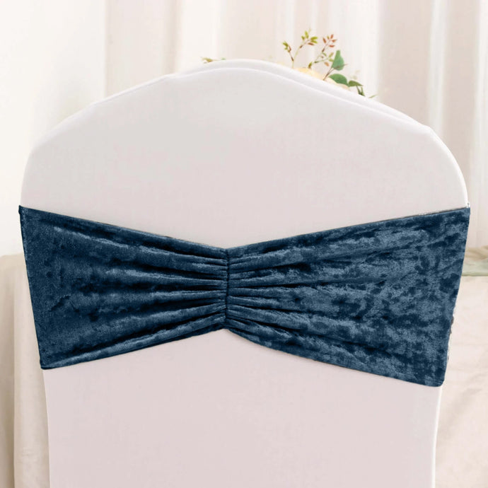 5 Pack Premium Crushed Velvet Chair Sashes Navy Blue Ruffle Style - Wrinkle-Free Textured Stretch Chair Bands Chair Sashes HIER_3334