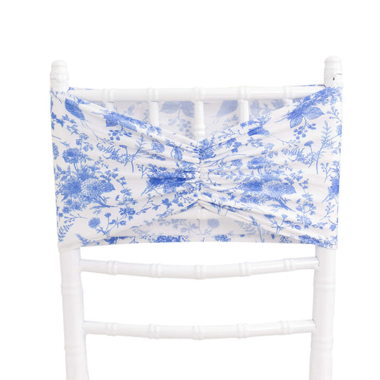 5 Pack Spandex Chair Sashes White/Blue French Toile Floral Pattern - Vintage-Inspired Wide Wrinkle-Free Stretchable Chair Bands 8