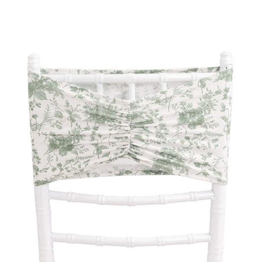 5 Pack Spandex Chair Sashes White/Dusty Sage Green French Toile Floral Pattern - Wide Wrinkle-Free Stretchable Chair Bands 8"x13" Chair Sashes HIER_3335