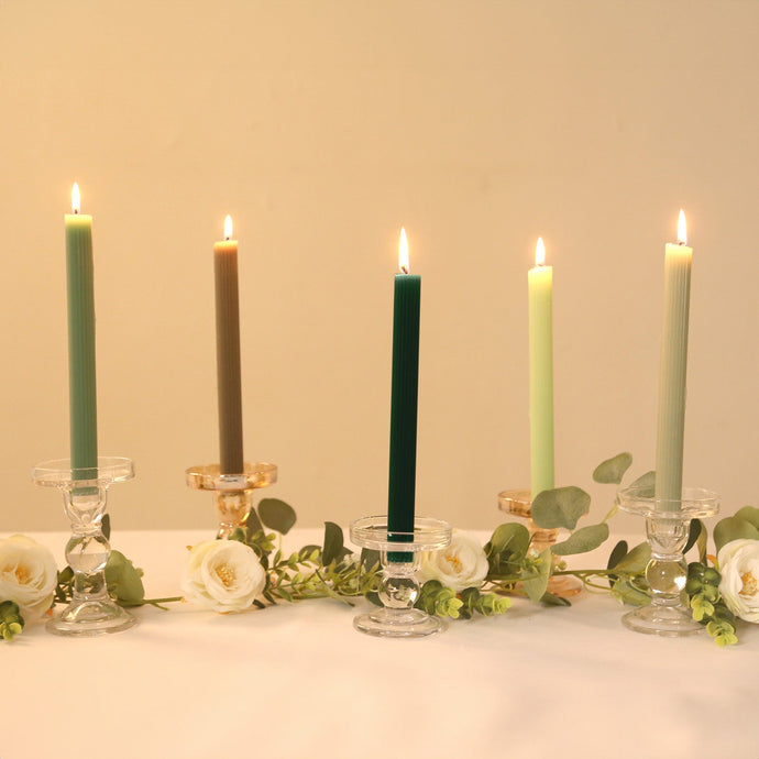 5-Pack Taper Candles Ribbed Wick Ribbon Wax Design Assorted Sage Green - Premium Unscented Dinner Candles 9