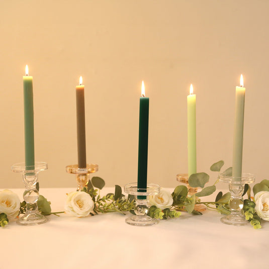 5-Pack Taper Candles Ribbed Wick Ribbon Wax Design Assorted Sage Green - Premium Unscented Dinner Candles 9