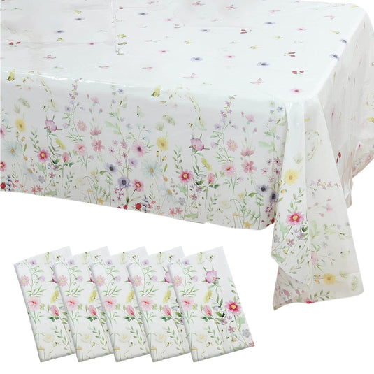 5-Pack Plastic Tablecloths White/Green Spring Floral Rectangle with Wild Flowers Butterfly Print - Durable PVC Disposable Table Covers 54