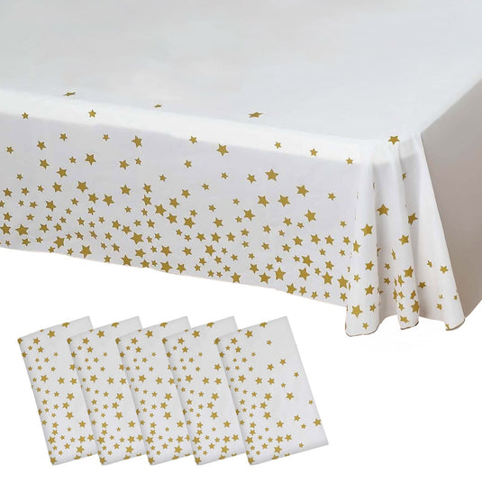 5-Pack Plastic Table Covers White Rectangle with Gold Stars - Decorative PVC Disposable Tablecloths 54