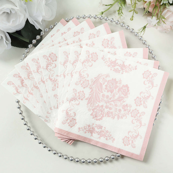 50 Pack 2-Ply Paper Beverage Napkins in White Matte Pink Damask Floral Pattern, Disposable Cocktail Napkins - Highly Absorbent & Soft Napkins HIER_4510