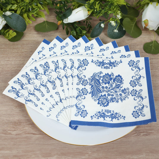 50 Pack 2-Ply Paper Beverage Napkins in White Royal Blue Damask Pattern, Disposable Cocktail Napkins - Highly Absorbent & Soft Napkins HIER_4510