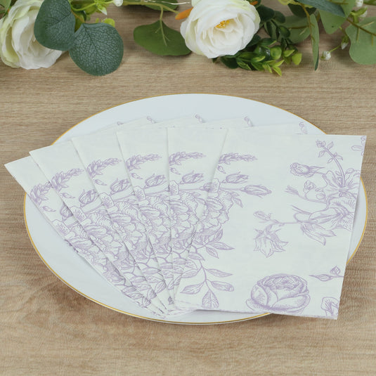 50 Pack 2-Ply Paper Party Napkins in French Toile Floral Pattern, Matte Lavender and White Highly Absorbent Soft Disposable Dinner Napkins Napkins HIER_4510