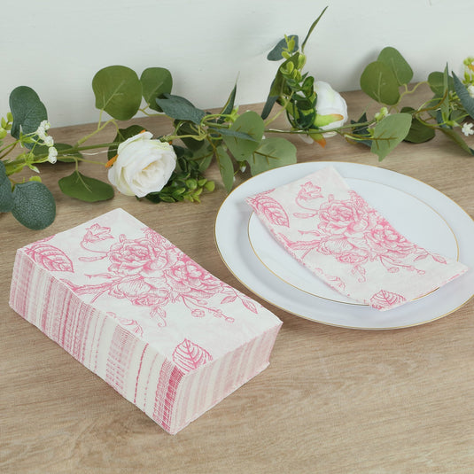 50 Pack 2-Ply Paper Party Napkins in French Toile Floral Pattern, Matte Pink and White Highly Absorbent Soft Disposable Dinner Napkins Napkins HIER_4510