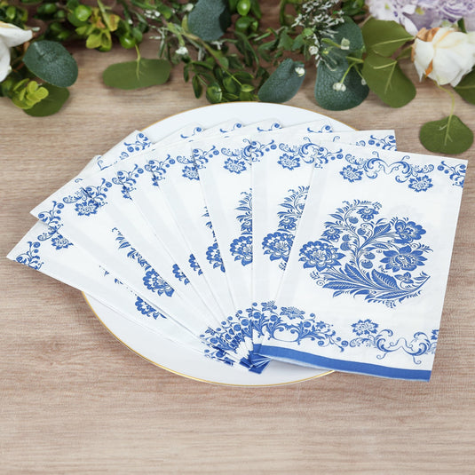 50 Pack 2-Ply Paper Party Napkins in White Royal Blue Damask Floral Pattern, Disposable Dinner Napkins - Highly Absorbent & Soft Napkins HIER_4510