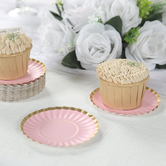 50-Pack Paper 3.5" Round Party Plates in Blush with Gold Scalloped Rim - Disposable Mini 250GSM Dessert Plates for Tapas, Appetizers & Finger Foods Disposables HIER_4130